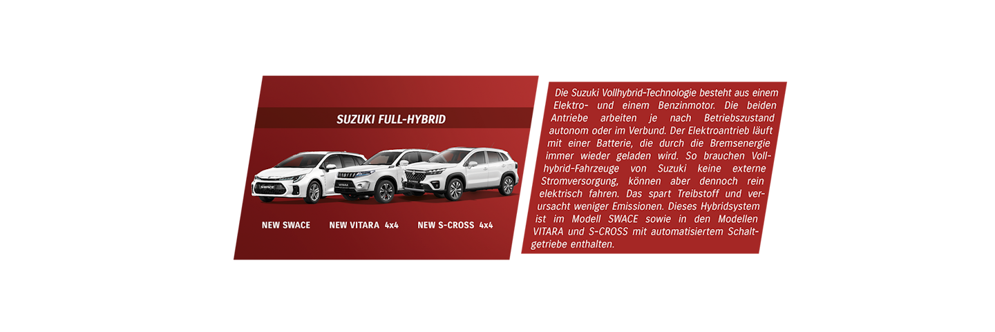 Drei Suzuki Full-Hybrid mit Text.