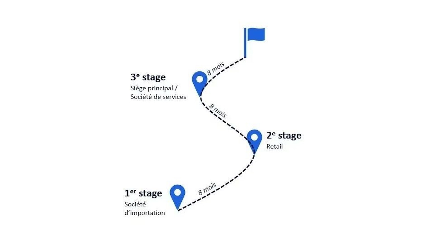Ausbildungsweg mit drei Stationen (Import, Retail, Hauptsitz/Dienstleistungen), verbunden durch eine gepunktete Route von je 8 Monaten bis zur Zielflagge.