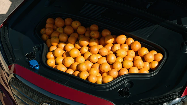 Kofferraum des Mercedes Benz GLC gefüllt mit Orangen