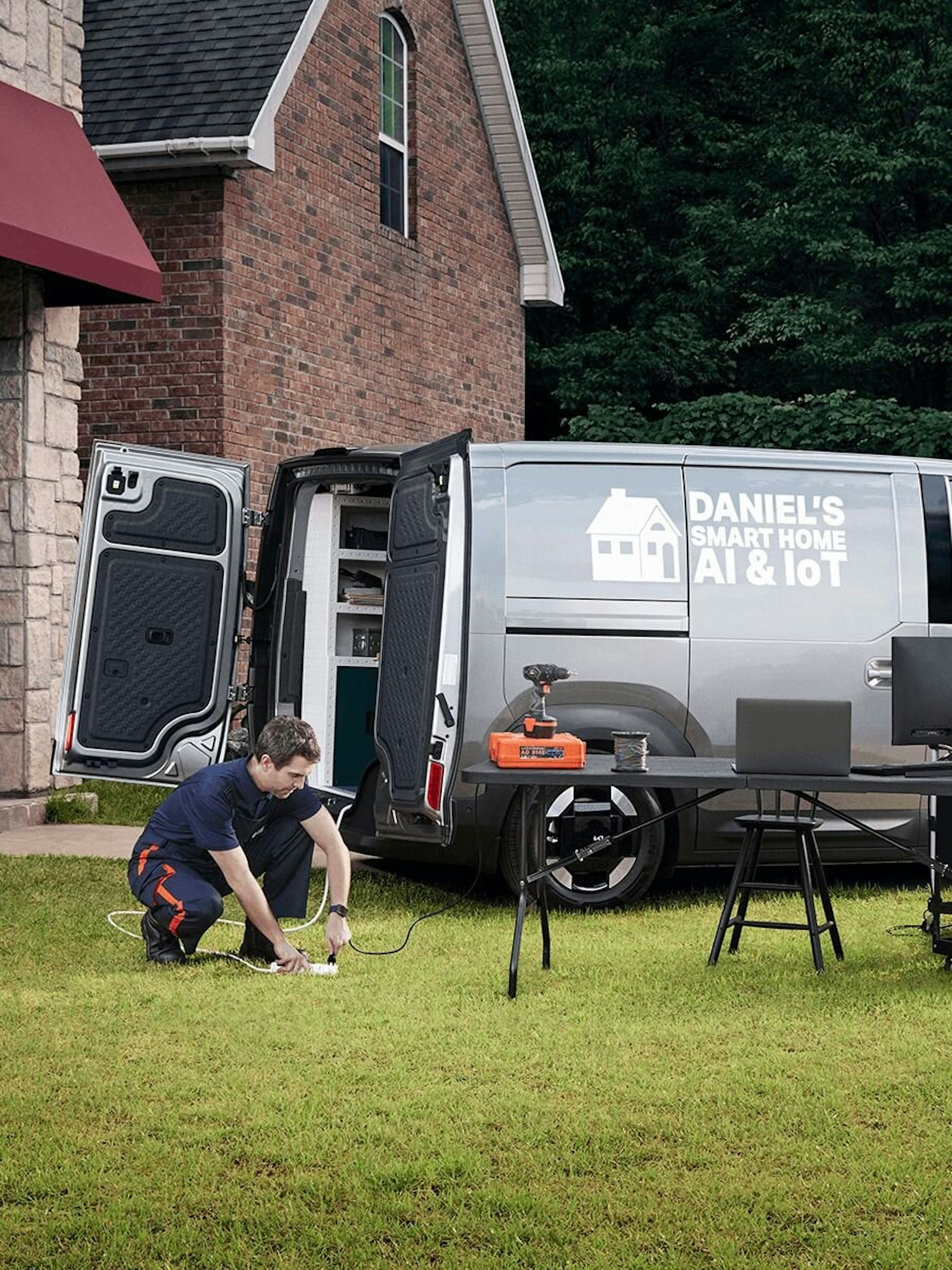 Seitliche Innenansicht des Kia PV5 Cargo mit Sicht auf den Laderaum und die Vordersitze