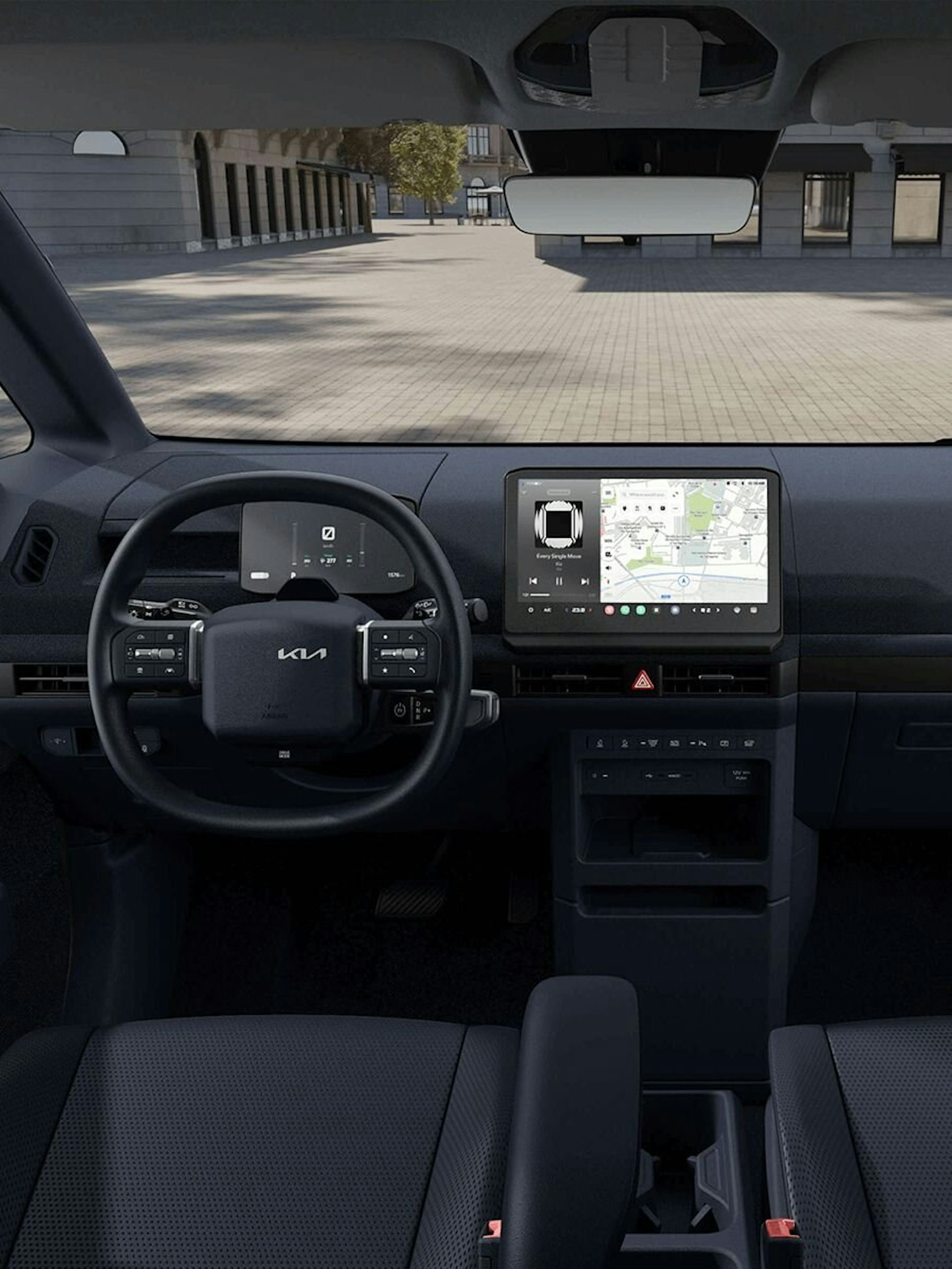 Heckansicht des Kia PV5 Cargo mit platzsparendem Design, schnellem Zugang und hoher Ladekapazität