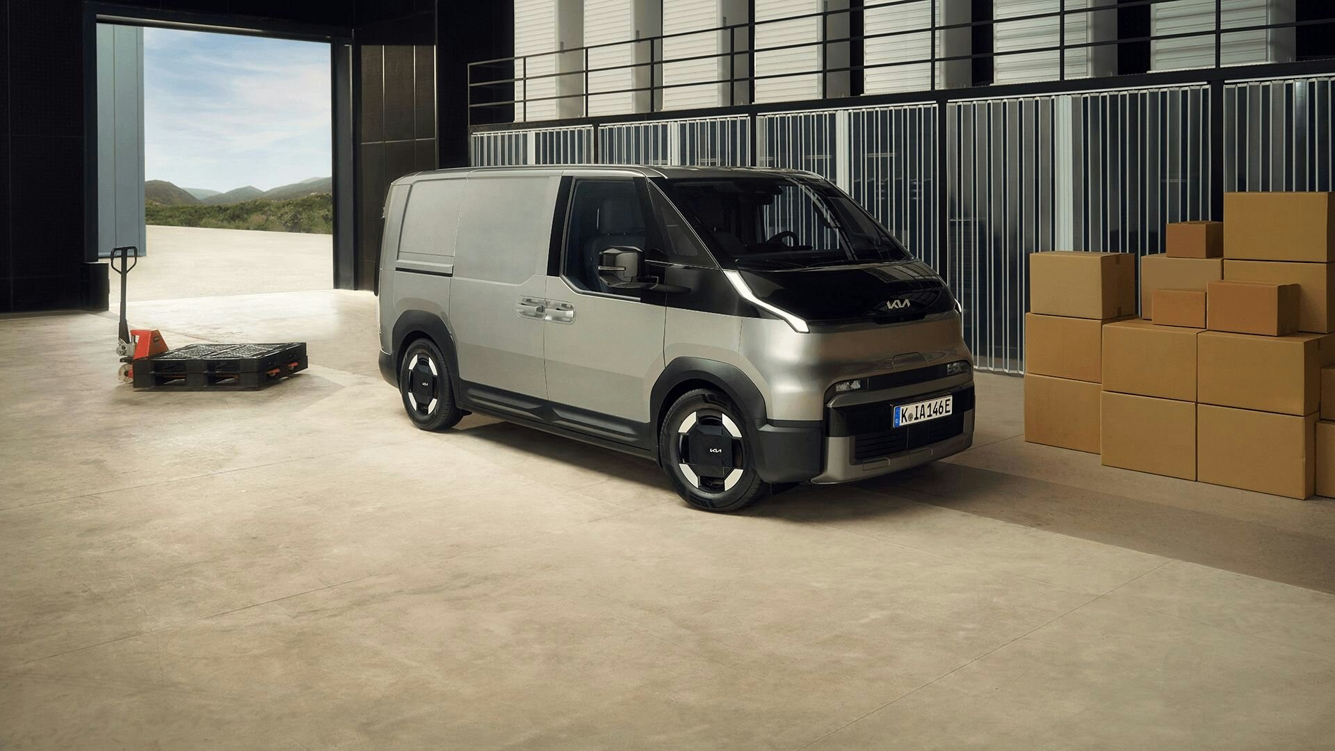 Heckansicht des Kia PV5 Cargo mit platzsparendem Design, schnellem Zugang und hoher Ladekapazität
