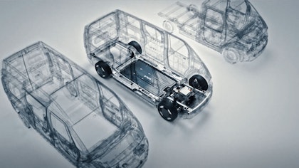 Computergrafik der Kia PBV Chassis-Struktur mit E-GMP.S-Plattform-Anordnung und modularem Batteriedesign