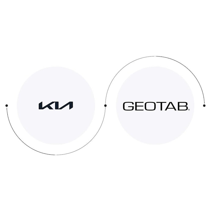 Grafische Darstellung der Partnerschaft von Kia mit Geotab zur Darstellung des datengesteuerten Flottenmanagements und der verbundenen Dienste